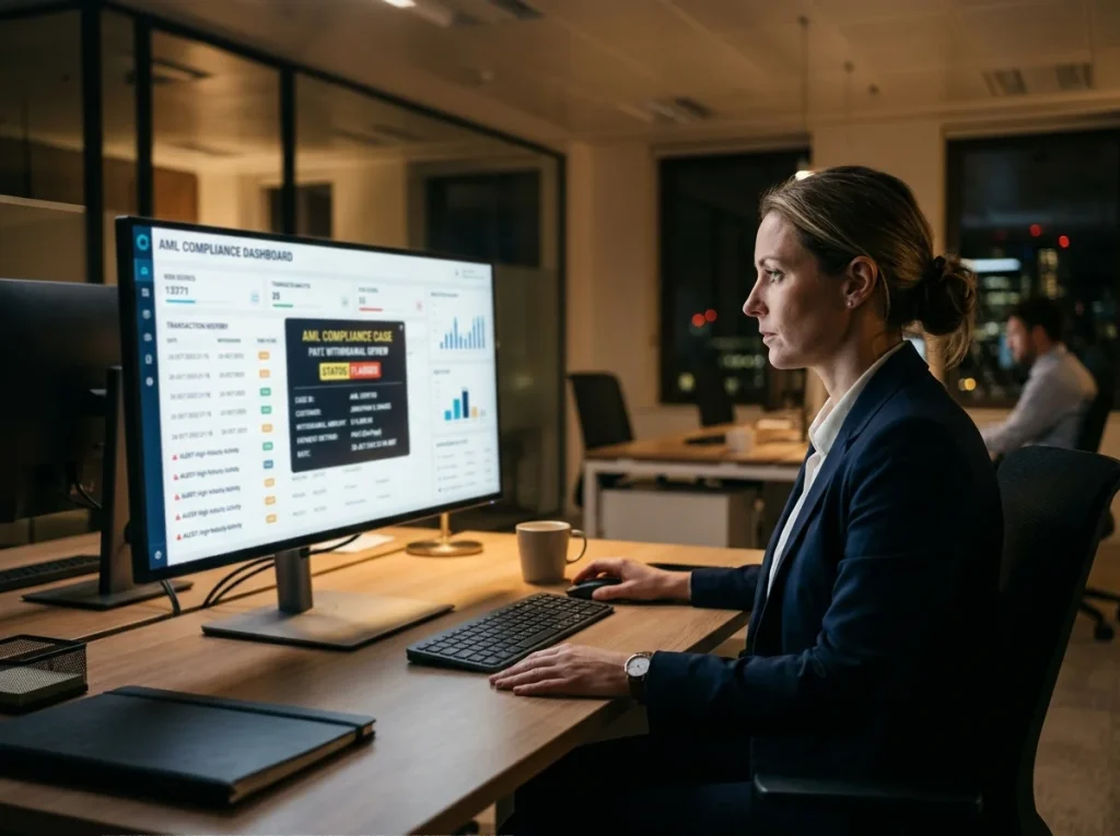 Compliance officer at British casino reviewing an AML-flagged Payz withdrawal on a monitoring dashboard