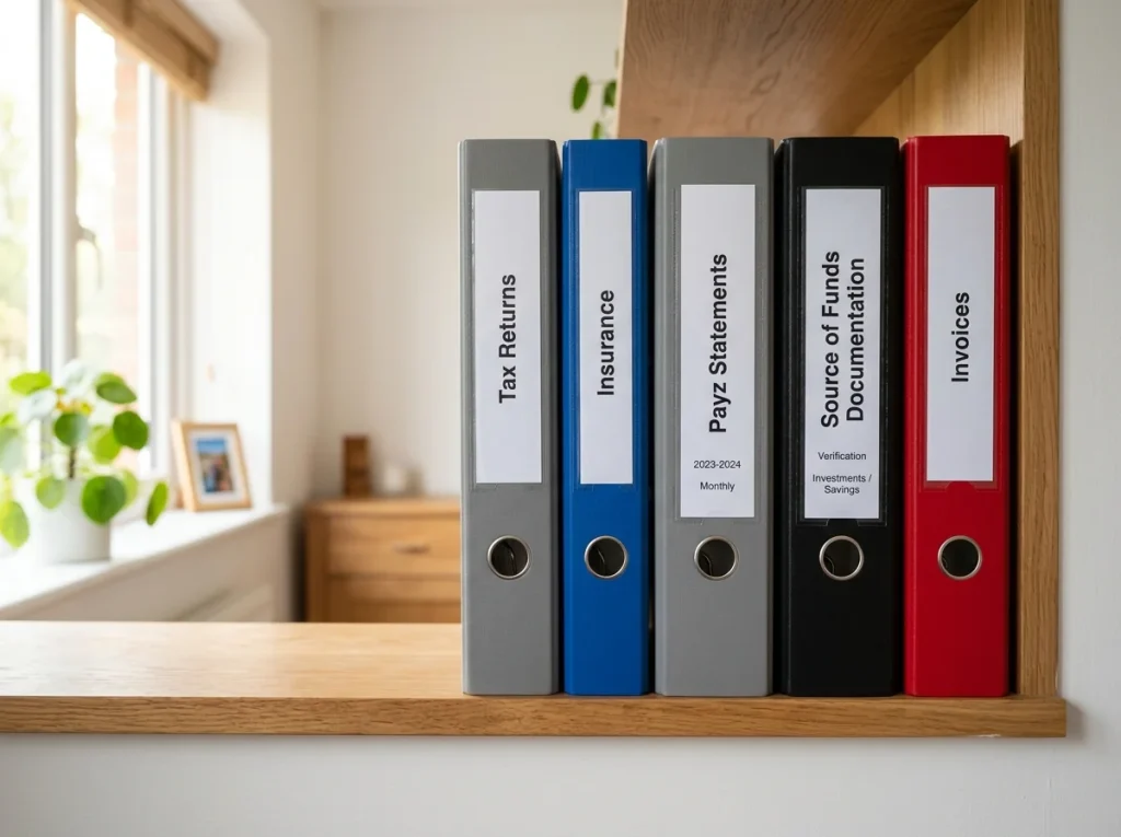 Organised home filing system with labelled folders for Payz statements and UK casino source-of-funds documents