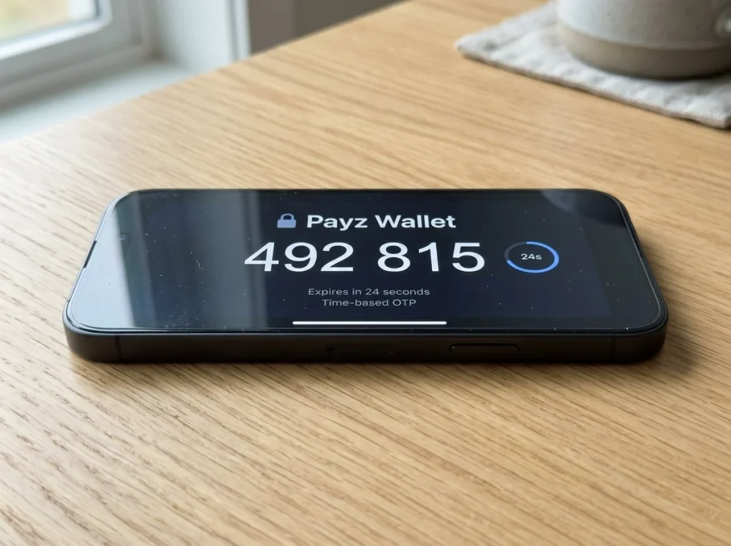 Authenticator app on phone displaying a rotating six-digit TOTP code for the Payz wallet account