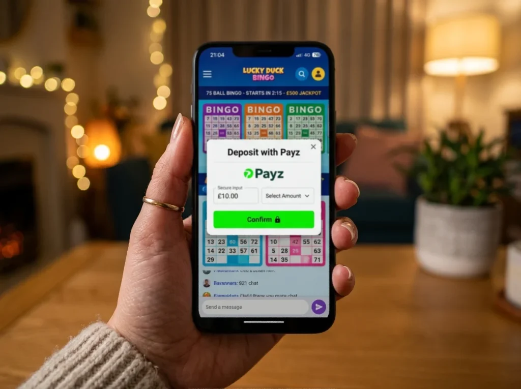 British bingo app on smartphone with Payz wallet deposit screen open before scheduled ticket batch
