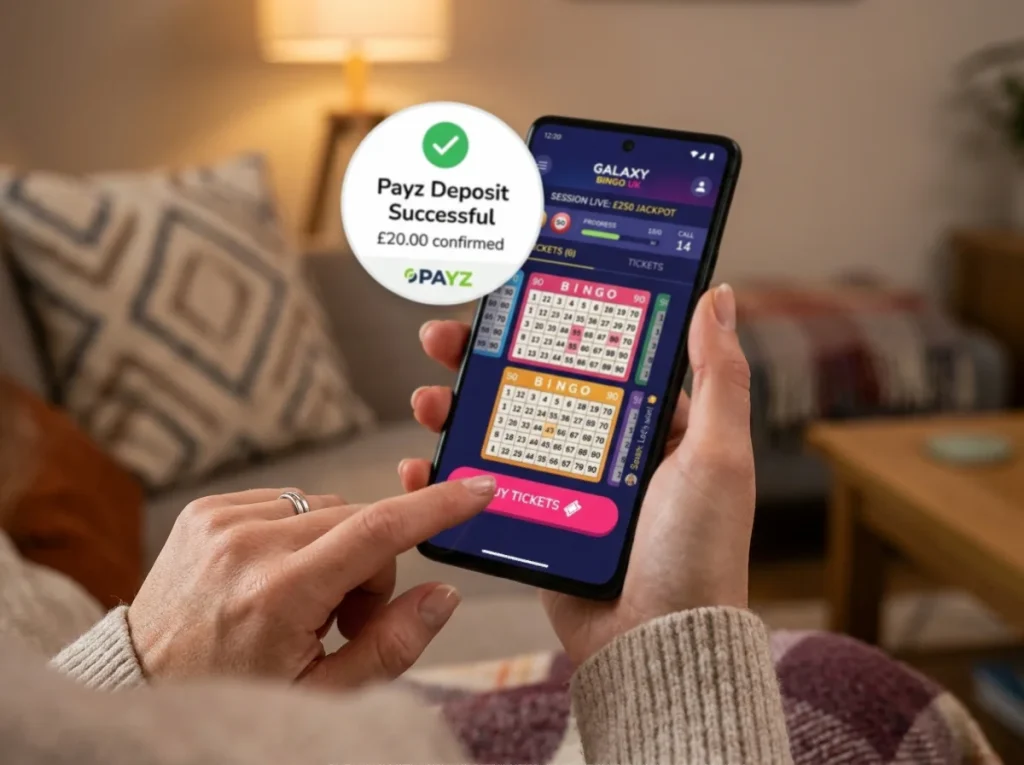 Player buying low-priced 90-ball bingo tickets in app with Payz wallet funding a small session float