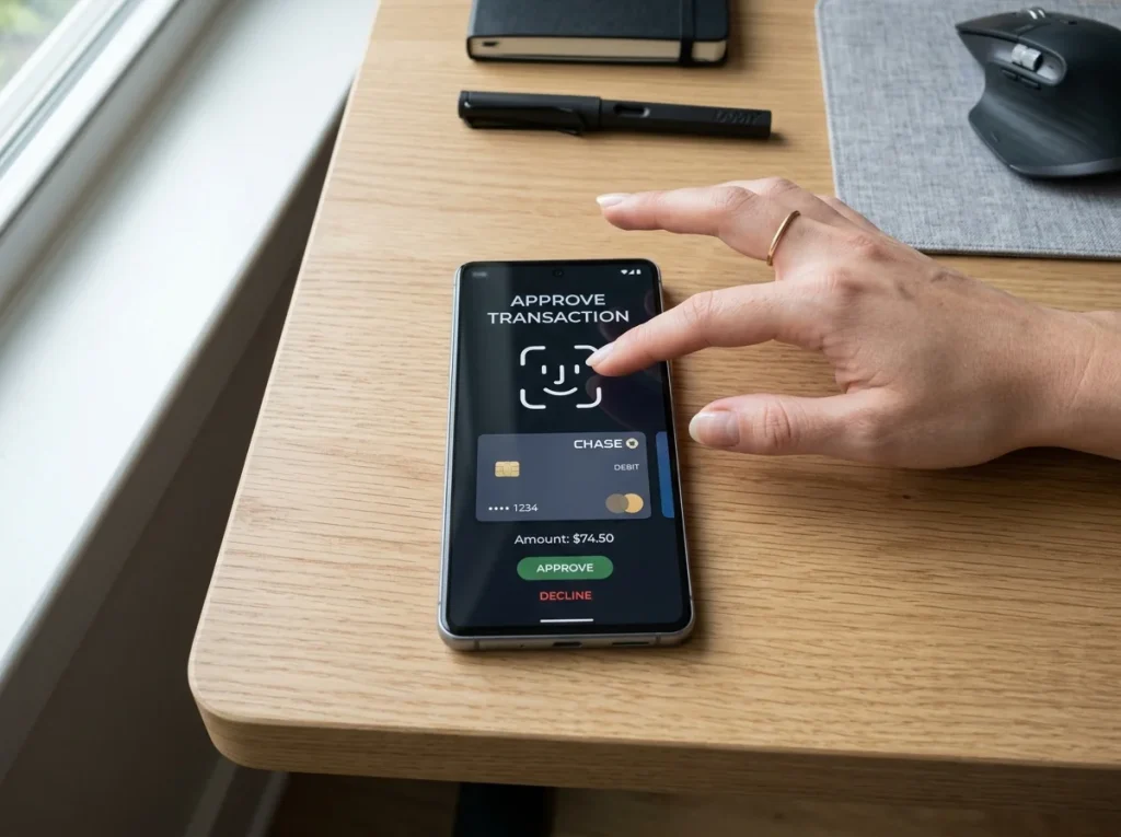 Hand approaching a smartphone with a Face ID prompt over a wallet approval dialogue