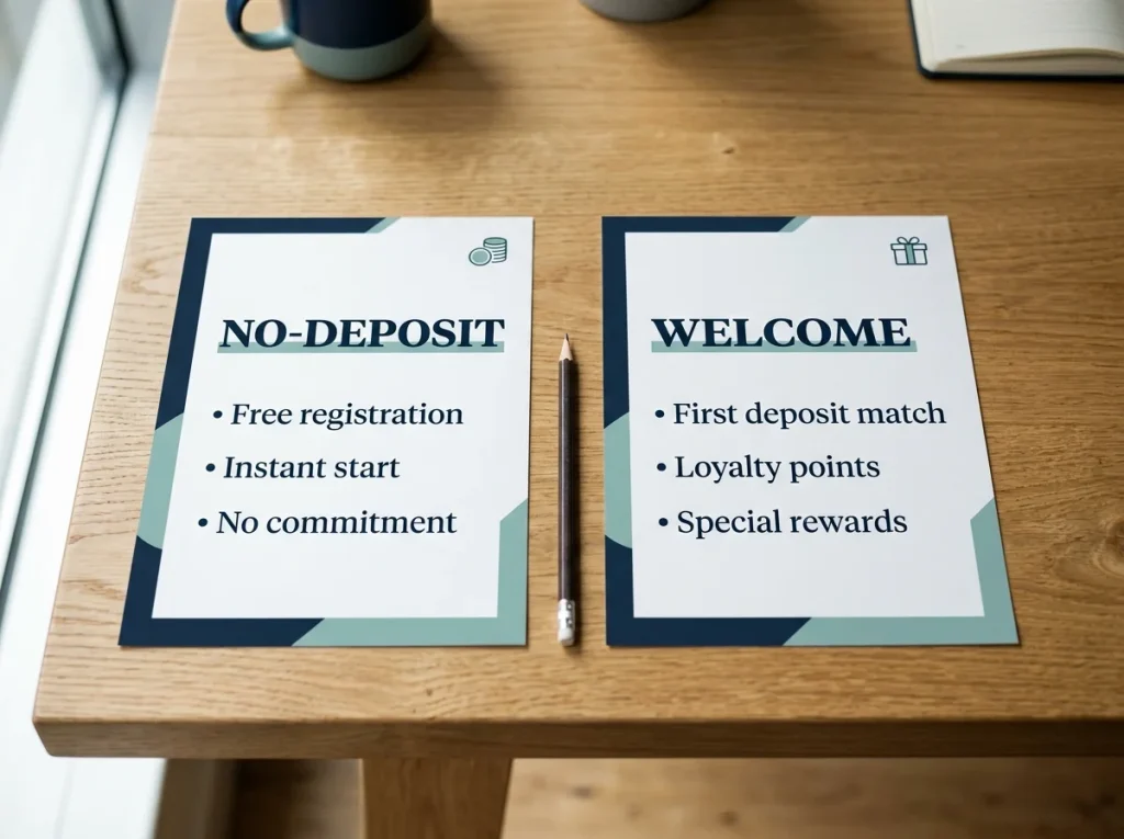 Side-by-side comparison panels labelled no-deposit and welcome bonus with key attribute bullet lists