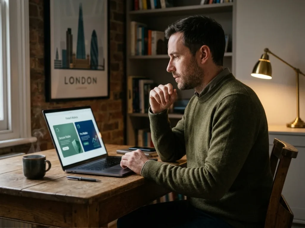 British casino player at a laptop comparing two e-wallet options before depositing