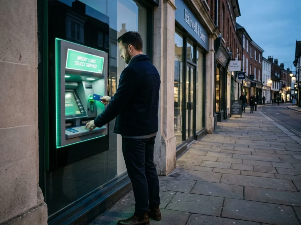 British player at a high-street ATM withdrawing cash from a Payz Mastercard after a casino payout