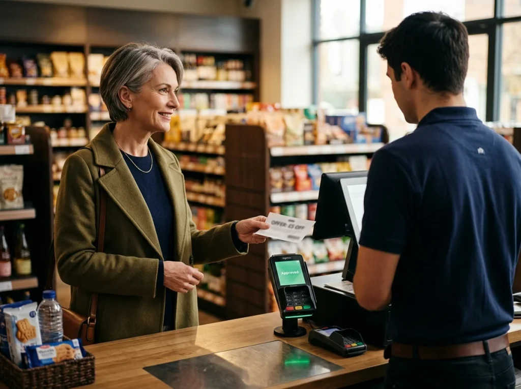 British shopper at a high-street convenience store buying an ecoVoucher prepaid top-up at the counter