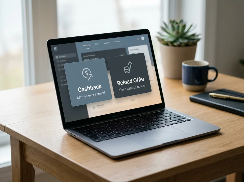 Two side-by-side promotional cards on a laptop screen, one labelled cashback and one reload offer