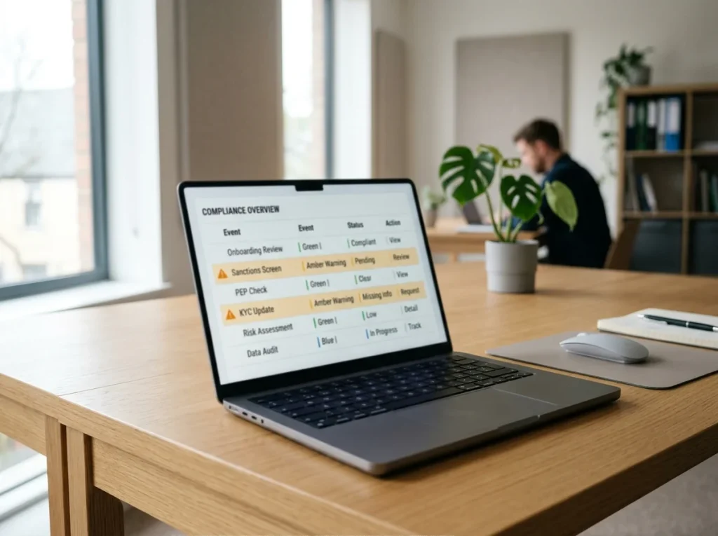 Compliance dashboard mockup showing flagged player events on a laptop in a casino back-office