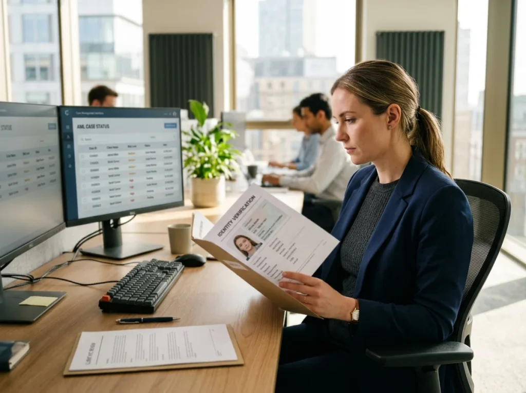 Compliance officer at a desk reviewing a player document folder on a dual-screen workstation