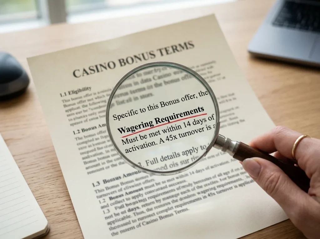Reading-glass close-up over a printed casino terms-and-conditions sheet with a clause underlined