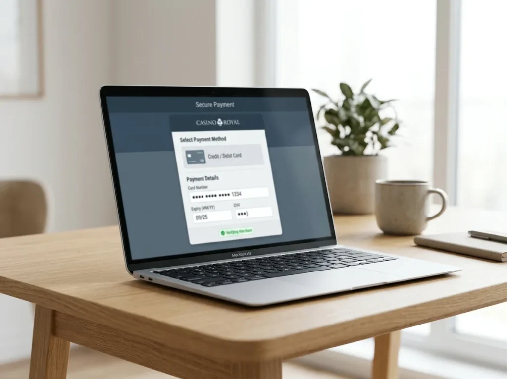 Online casino cashier page on a laptop with a Mastercard payment field selected
