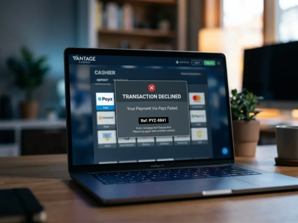 Laptop screen with UK casino cashier displaying a Payz transaction declined message and reference code