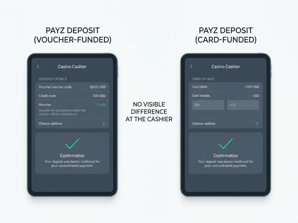 Editorial illustration of how a UK casino cashier sees a voucher-funded Payz balance versus a card-funded one