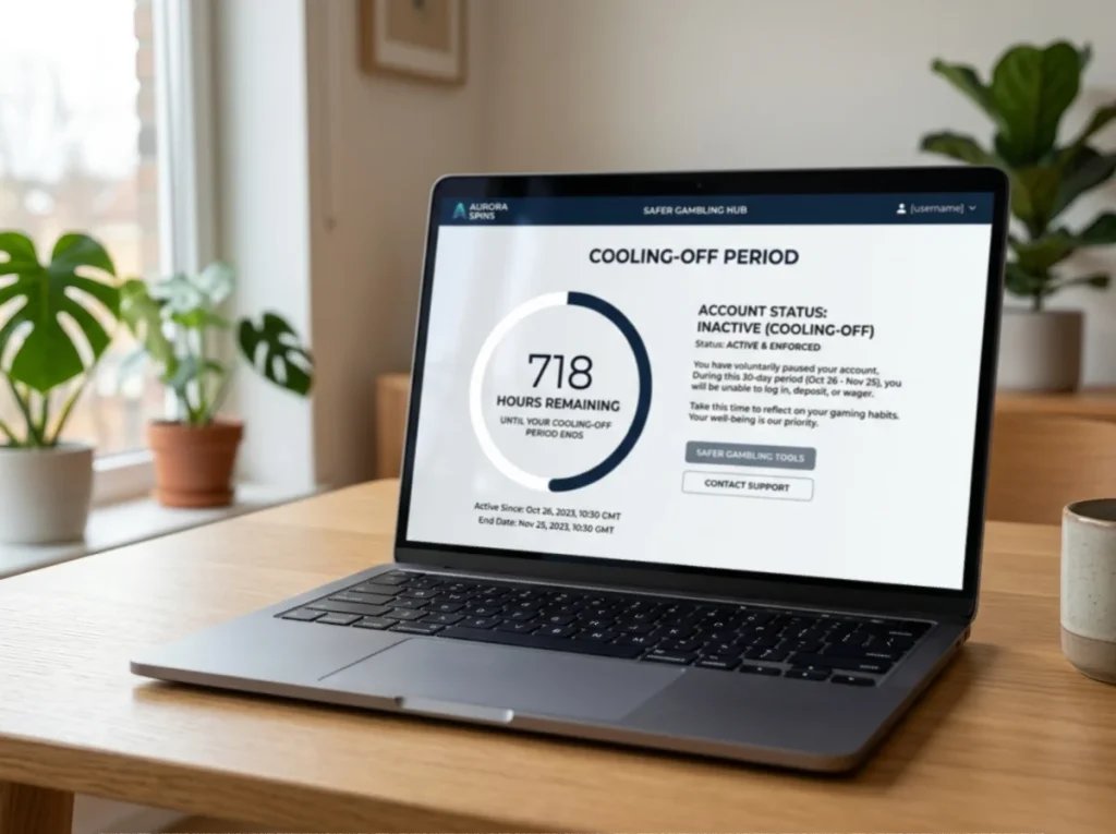 UK casino safer gambling settings with a 30-day cooling-off period timer showing remaining hours