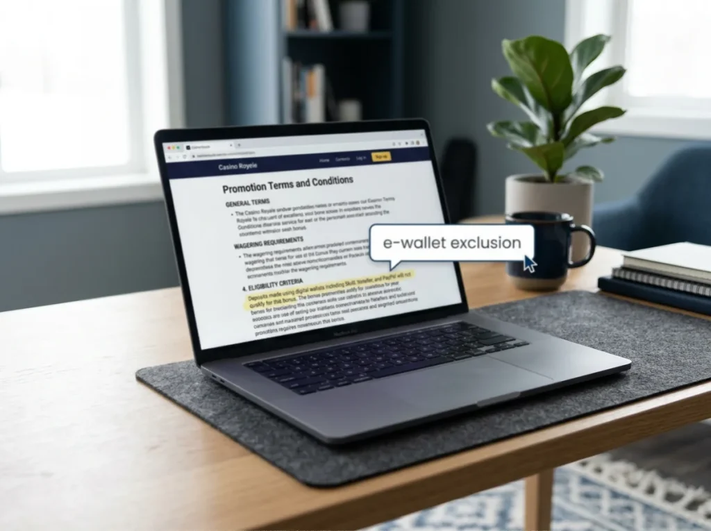 Browser window showing a casino bonus terms page with an e-wallet exclusion clause highlighted
