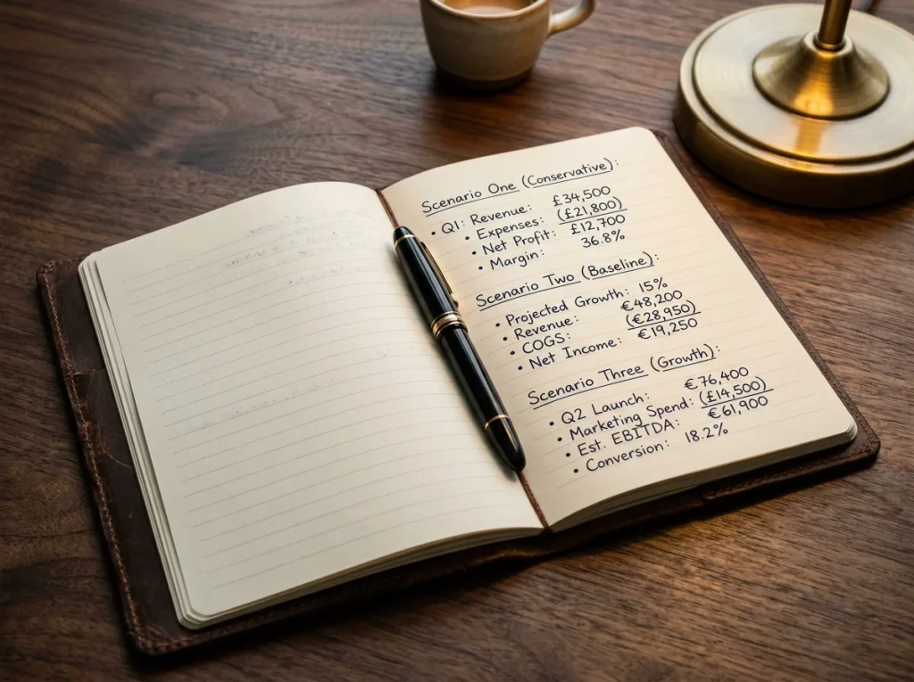Notebook with hand-worked end-to-end fee calculations for three Payz casino scenarios in GBP and EUR