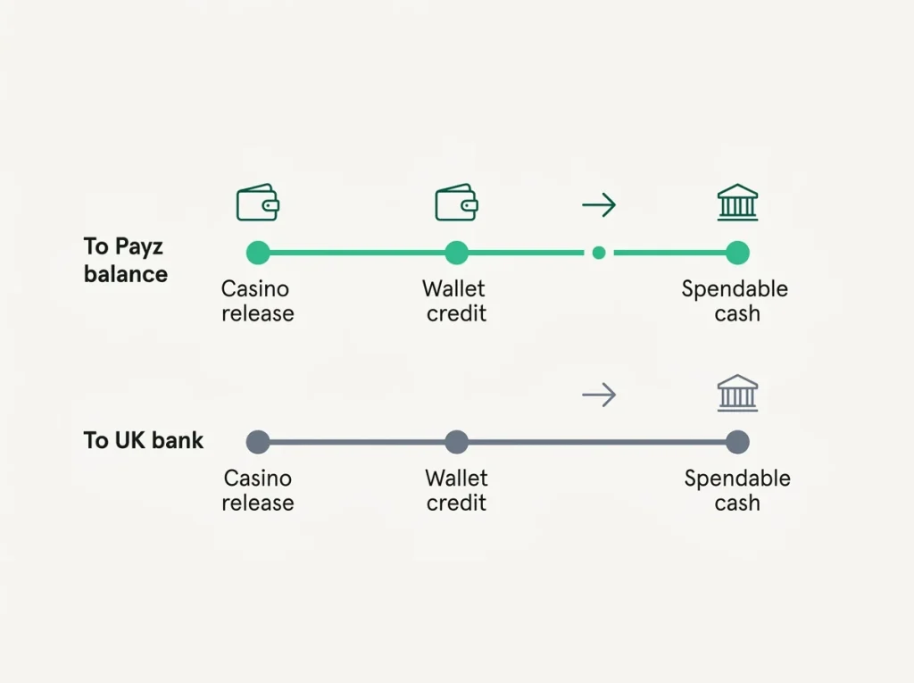 Timeline illustration showing how casino payouts arrive at a Payz wallet versus a UK bank account