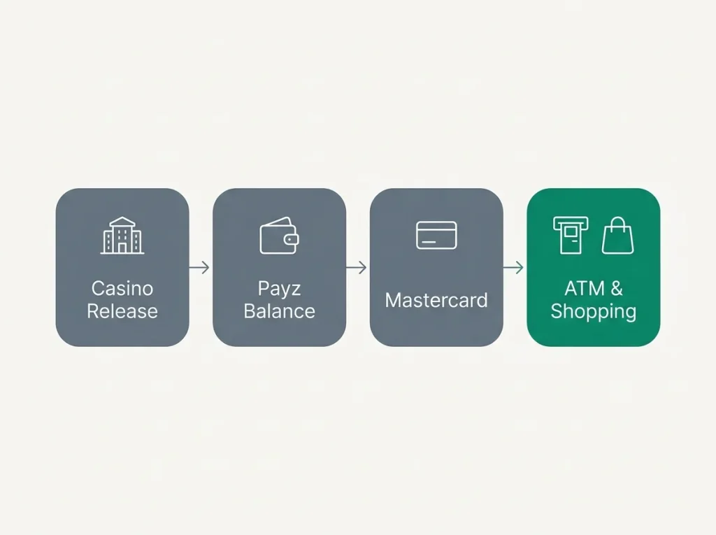 Process diagram of the flow from casino payout to Payz balance to Mastercard ATM withdrawal
