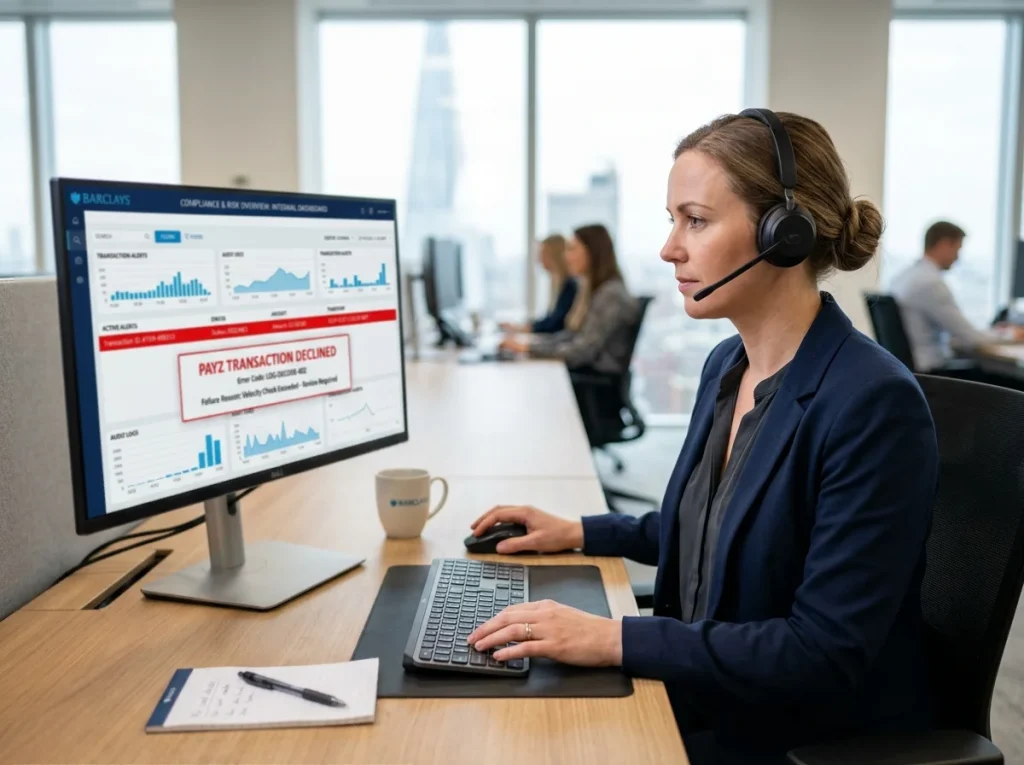 British casino support agent at a desk reviewing a Payz decline code in an internal compliance tool