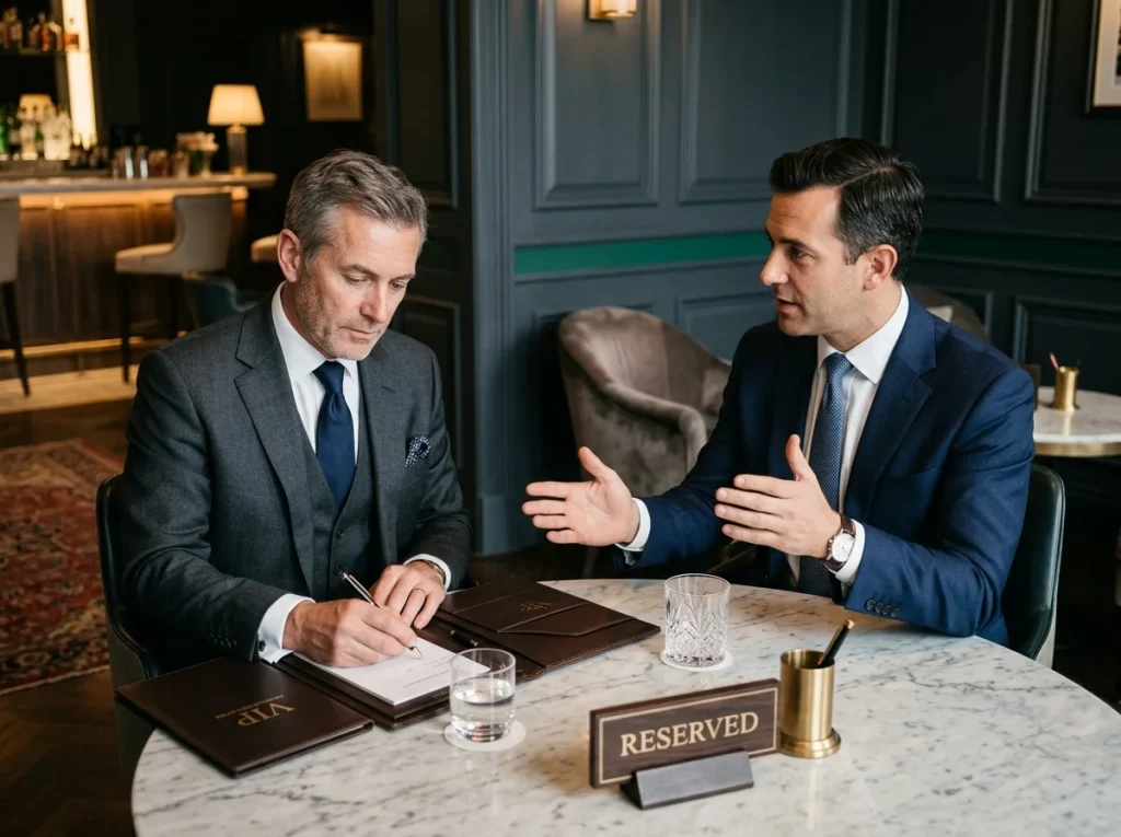 Editorial illustration of a casino VIP host meeting with a high-volume British player in a quiet lounge