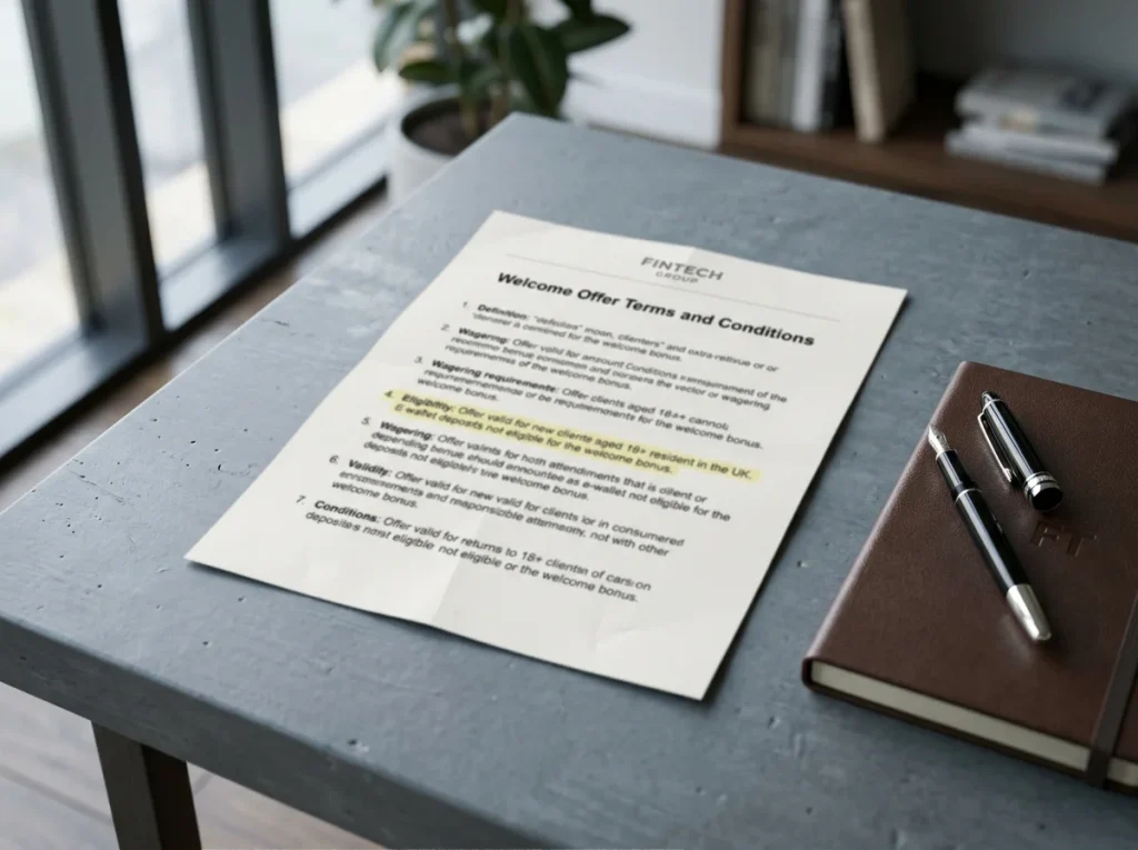 Printed British casino welcome bonus terms document with the e-wallet exclusion clause highlighted