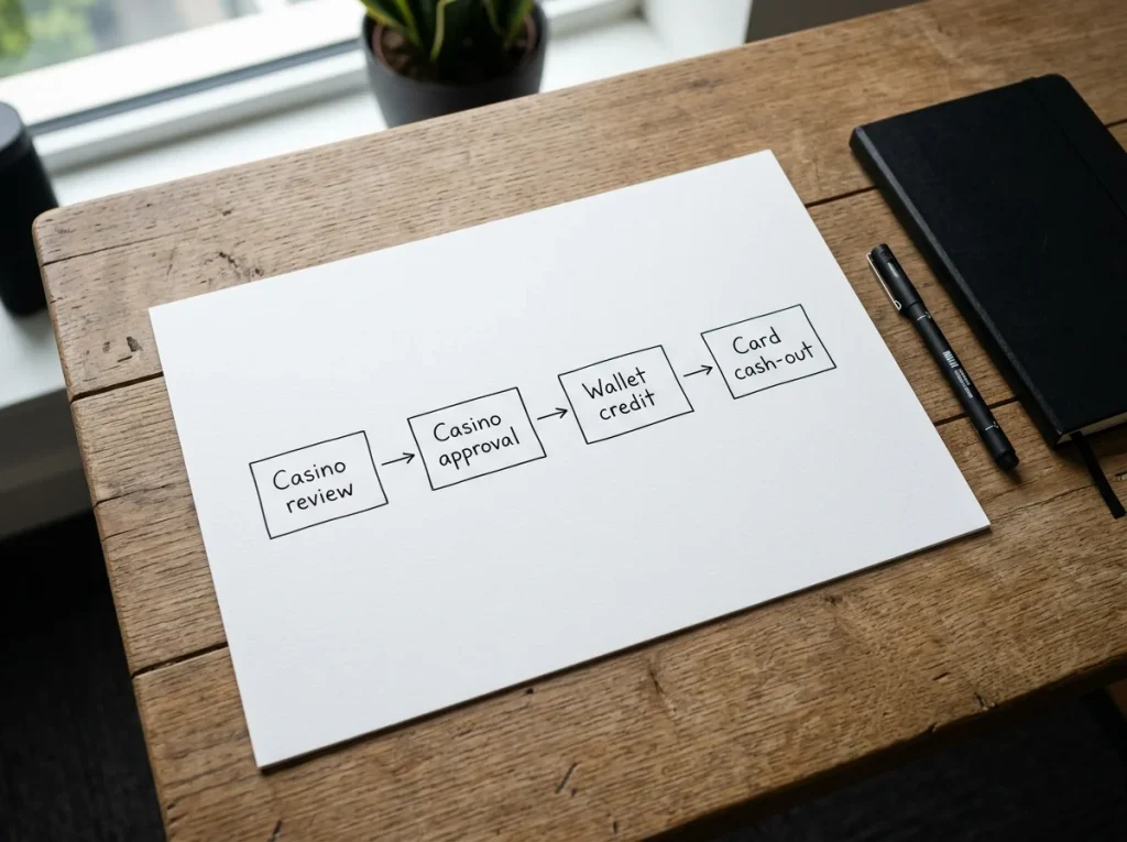 Flow diagram of four withdrawal stages from casino review to Payz wallet credit and optional Mastercard cash-out