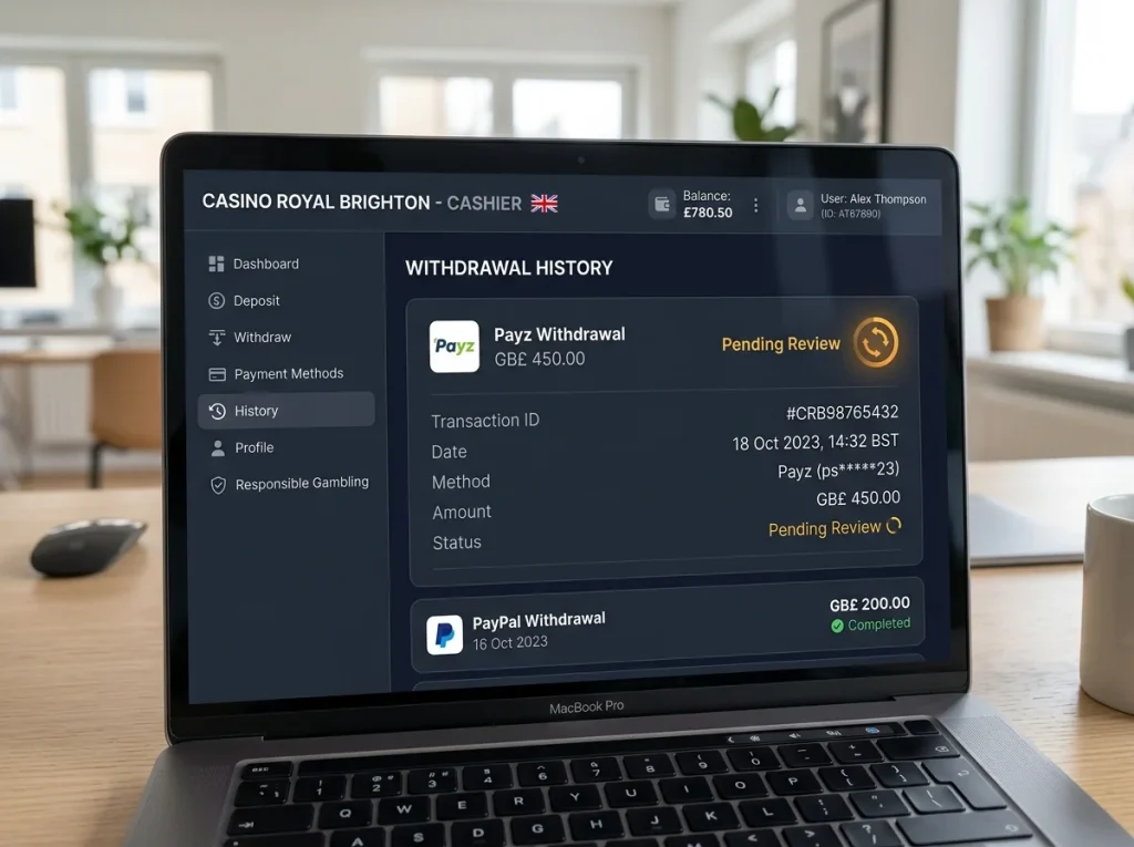 Laptop screen showing a UK casino cashier with a Payz withdrawal stuck on pending review status