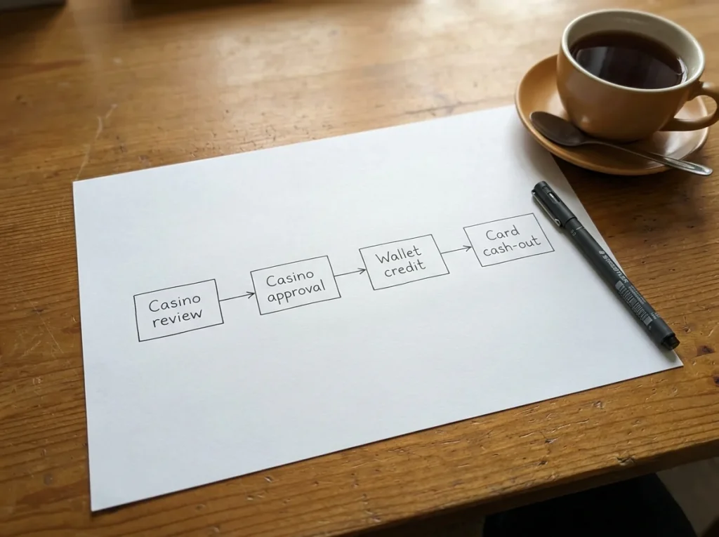 Stage map of a UK casino withdrawal moving through casino review, e-wallet crediting and bank or card payout