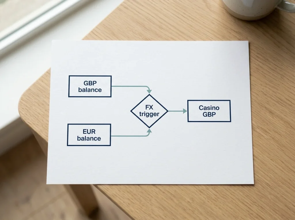 Flowchart visualisation showing GBP and EUR balance segments and the FX trigger paths between them