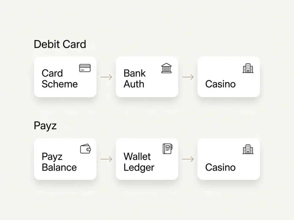 Process diagram comparing a direct debit card deposit path with a Payz e-wallet deposit path at a UK casino