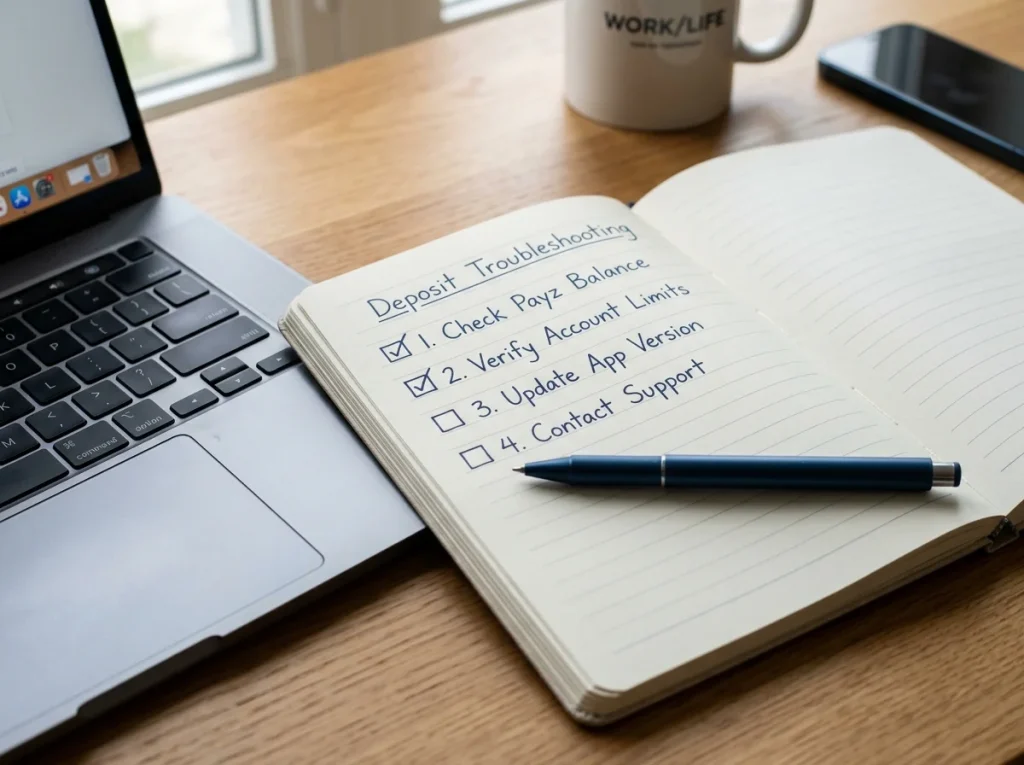 Notebook beside laptop with a handwritten step-by-step checklist for diagnosing a failed Payz casino deposit
