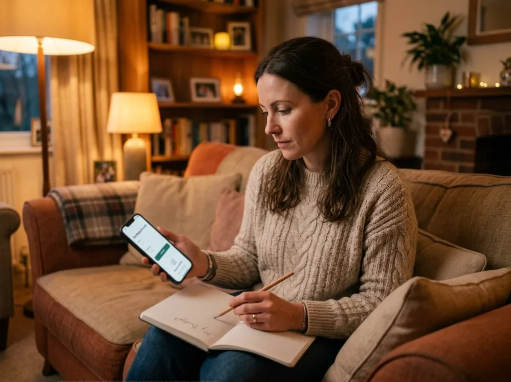Person on sofa planning a Payz casino deposit on phone with notebook of stake calculations