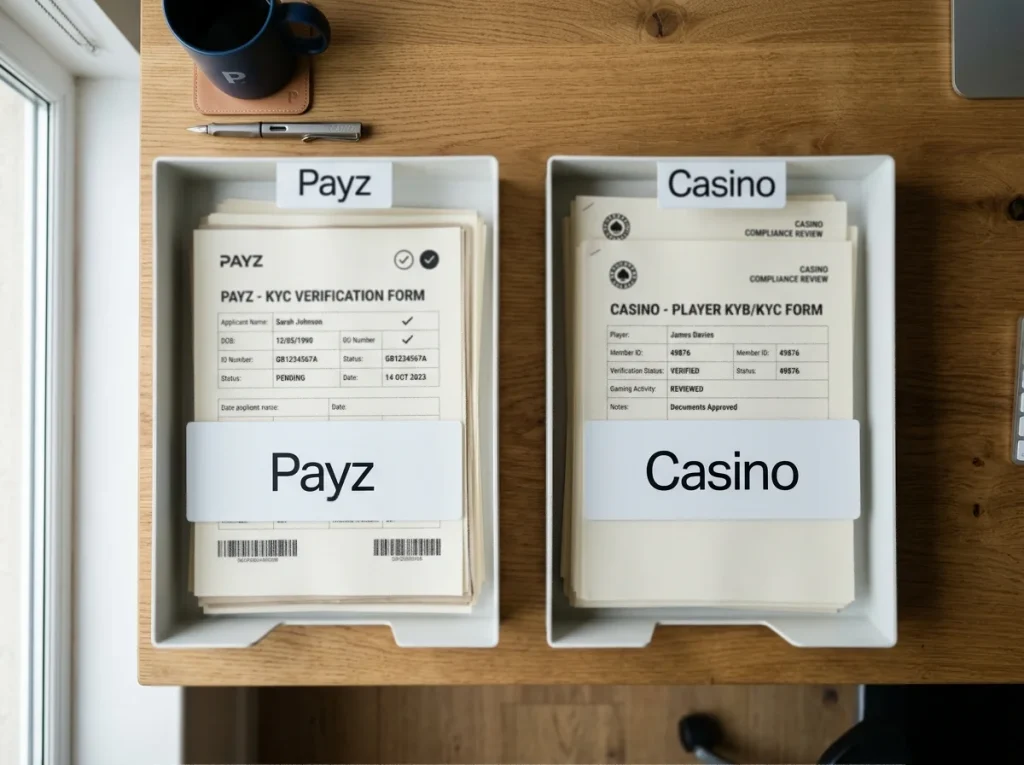 Side-by-side document-tray illustration labelled Payz and Casino, each holding separate ID papers