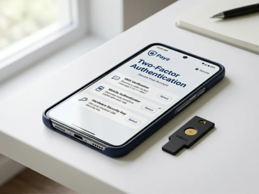 Payz two-factor authentication options on smartphone including SMS code, authenticator app and hardware security key