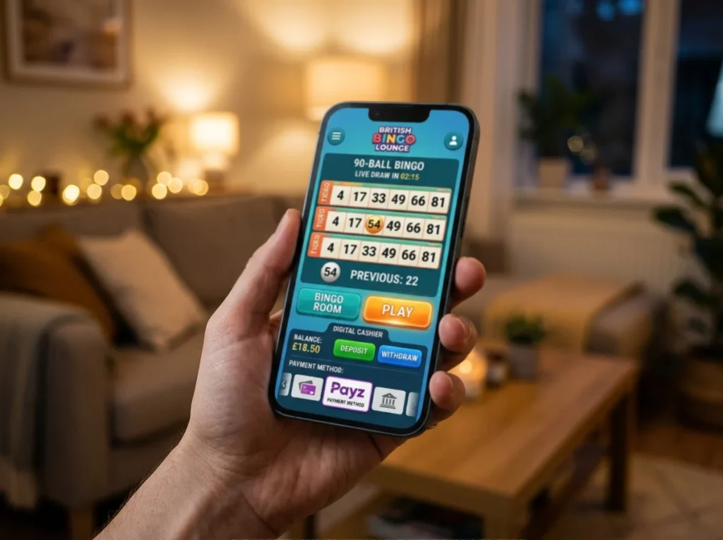 UK 90-ball bingo room interface on smartphone with Payz wallet selected as deposit method