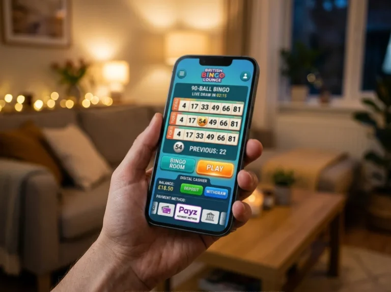 UK 90-ball bingo room interface on smartphone with Payz wallet selected as deposit method