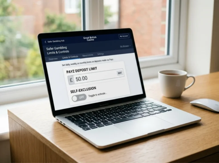 British online casino safer gambling settings panel showing Payz deposit limit fields and self-exclusion toggle