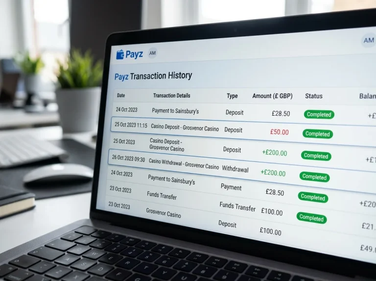 Payz wallet statement export on laptop screen with UK casino deposit and withdrawal lines highlighted for reconciliation