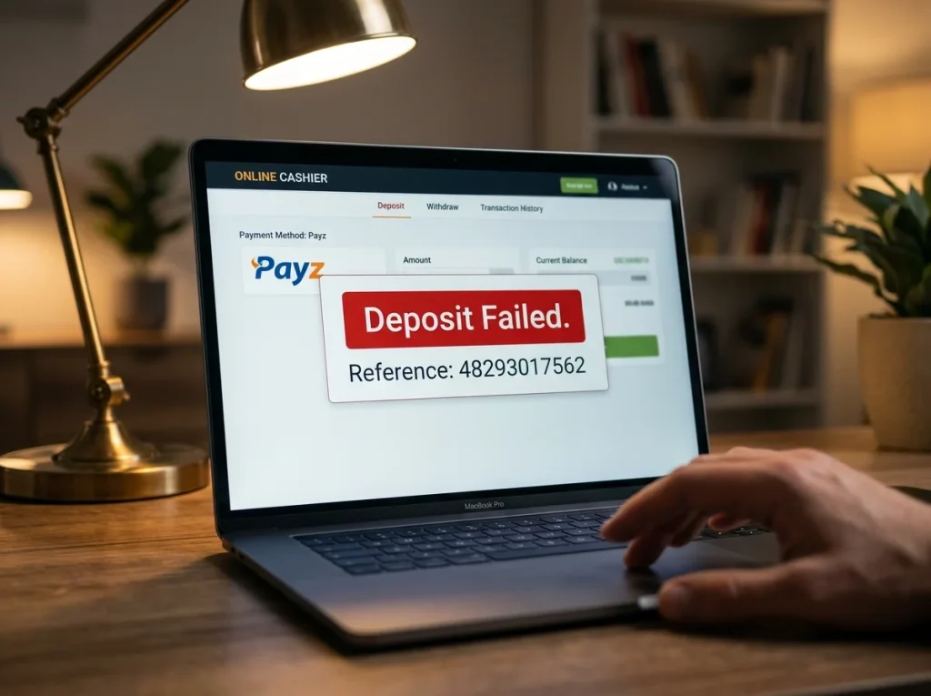 UK casino cashier on laptop showing a failed Payz deposit notice with transaction reference number