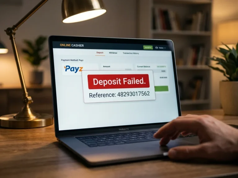 UK casino cashier on laptop showing a failed Payz deposit notice with transaction reference number