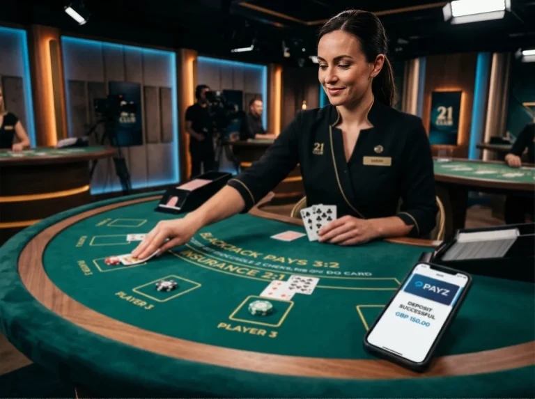 Live blackjack dealer at a UK studio table during a streamed session funded via Payz wallet