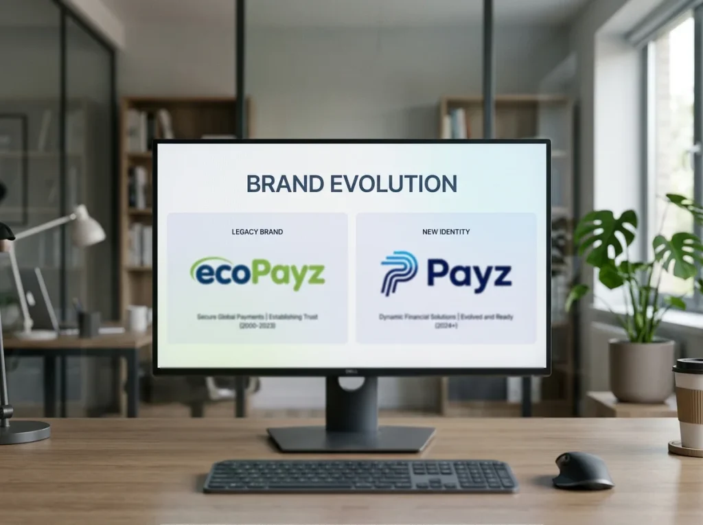 Side-by-side display of the legacy ecoPayz wordmark and current Payz wordmark on a UK comparison screen