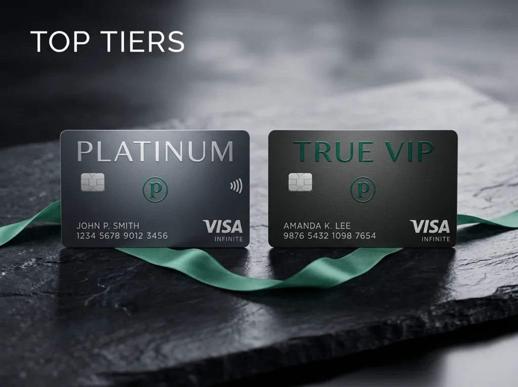 Payz Platinum and True VIP tier wallet cards on a high-roller-style polished surface