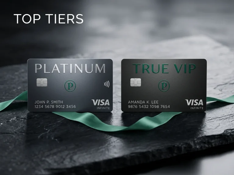 Payz Platinum and True VIP tier wallet cards on a high-roller-style polished surface