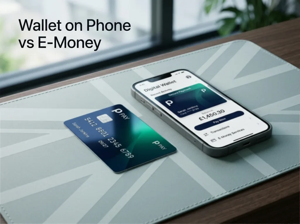Payz wallet card and an iPhone with a mobile wallet open beside a British online casino cashier