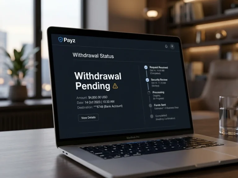 Payz withdrawal pending status screen at a UK casino cashier with timeline of review stages
