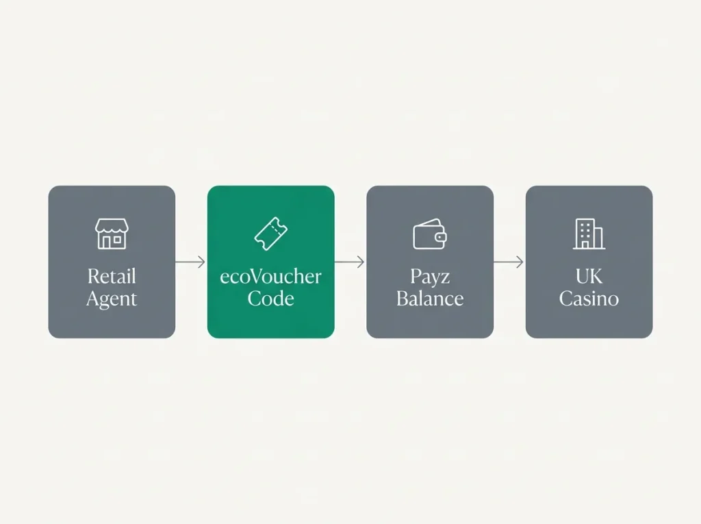 Diagram showing ecoVoucher sitting upstream of Payz wallet and casino deposit at British operators