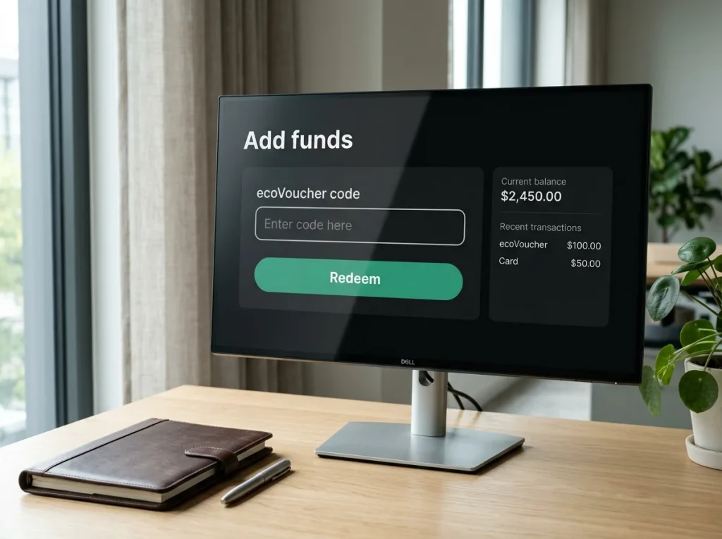 Desktop screen showing a Payz add-funds page with an ecoVoucher code entry field