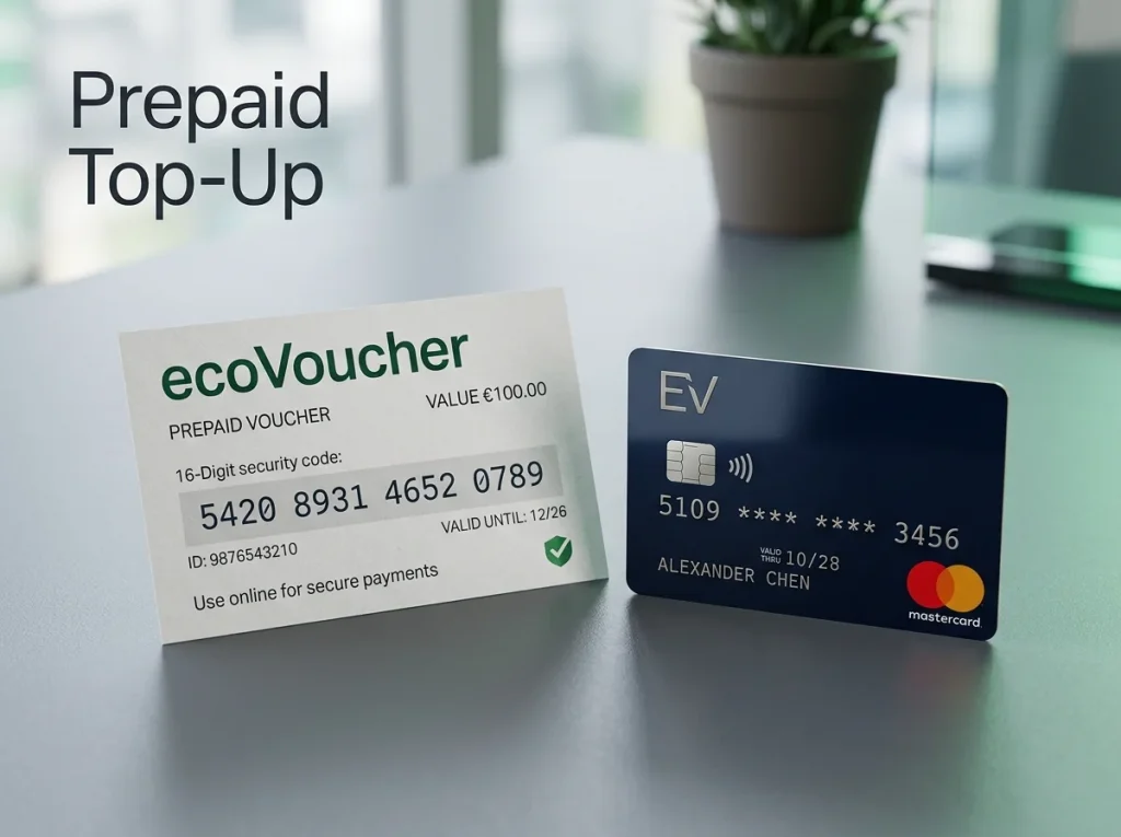 ecoVoucher prepaid top-up code printed slip beside a Payz wallet on a British desk