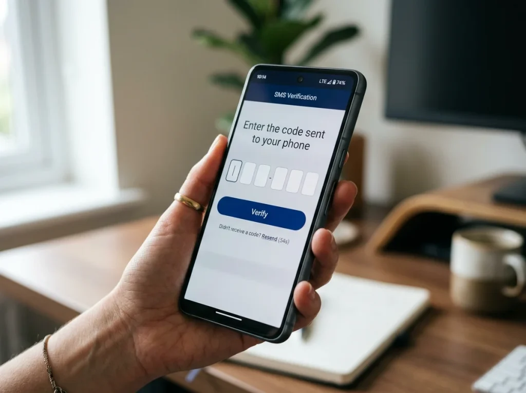 Smartphone displaying an SMS verification code prompt with a UK mobile number obscured